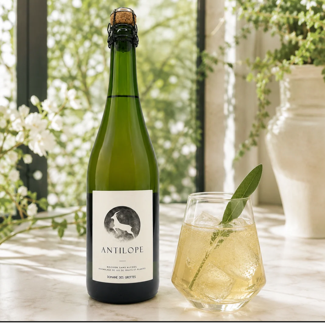 Domaine des Grottes Antilope bottle with a glass served over ice and a leafy garnish