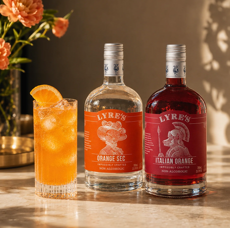 Lyre's Orange Sec and Italian Orange beside a citrus spritz serving suggestion