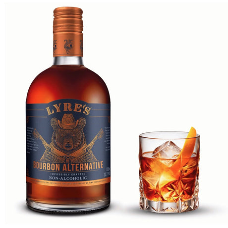 Lyre's Bourbon Alternative new bottle with cocktail on white background