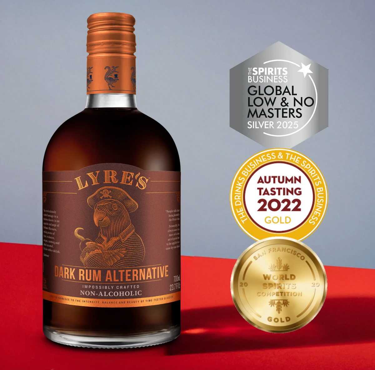 Lyre's Dark Rum Alternative 700mL – Bottle with award medals