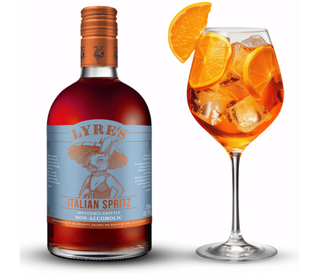Lyre's Italian Spritz bottle and orange spritz cocktail