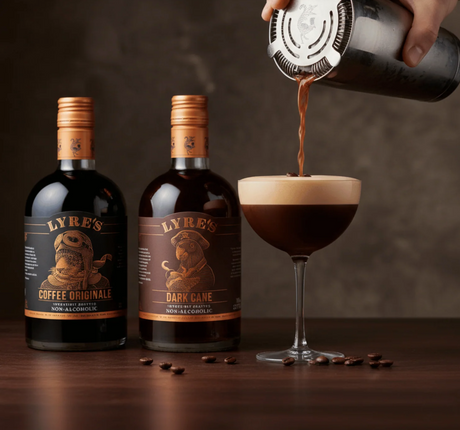 Preparing a Lyre's Mocha Espresso Martini; lifestyle photograph showing previous Coffee Originale and Dark Cane labels