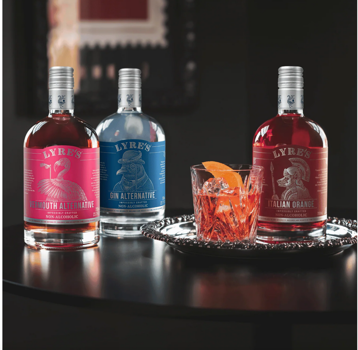 Lyre's Negroni trio cocktail with three bottles