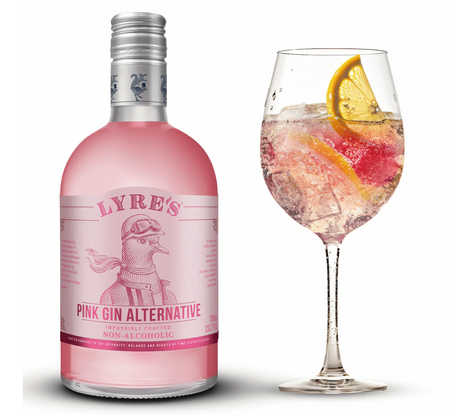Lyre's Pink Gin Alternative — bottle and pink gin cocktail